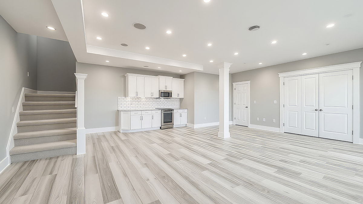 Finished basement space showcases a modern aesthetic with white