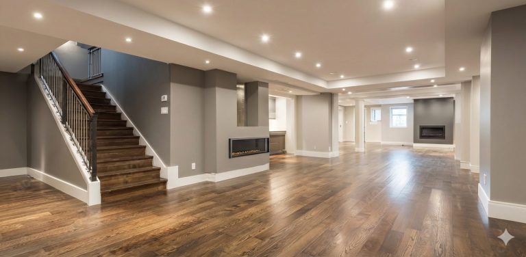 Finished basement with a staircase and fireplace